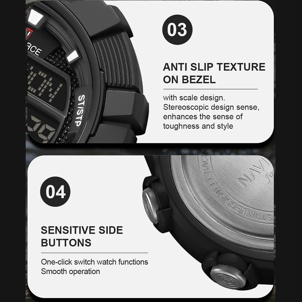 Naviforce Men LCD Watch Ditital Movement Lightweight Silicone Strap 50m Waterproof Calendar Date Alarm Night Pattern Boy Gift Watch NF7131