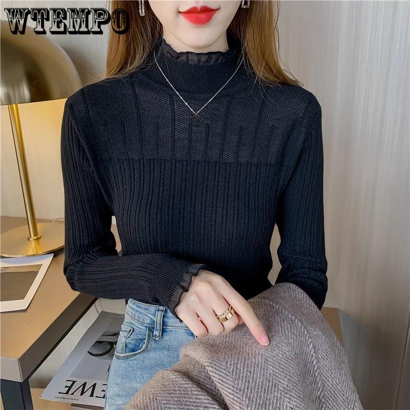 

Свитер большого размера для женщин, кружевной воротник с оборками, свитер с полувысоким воротником для женщин, осенне-зимний пуловер и теплый вязаный свитер для женщин M