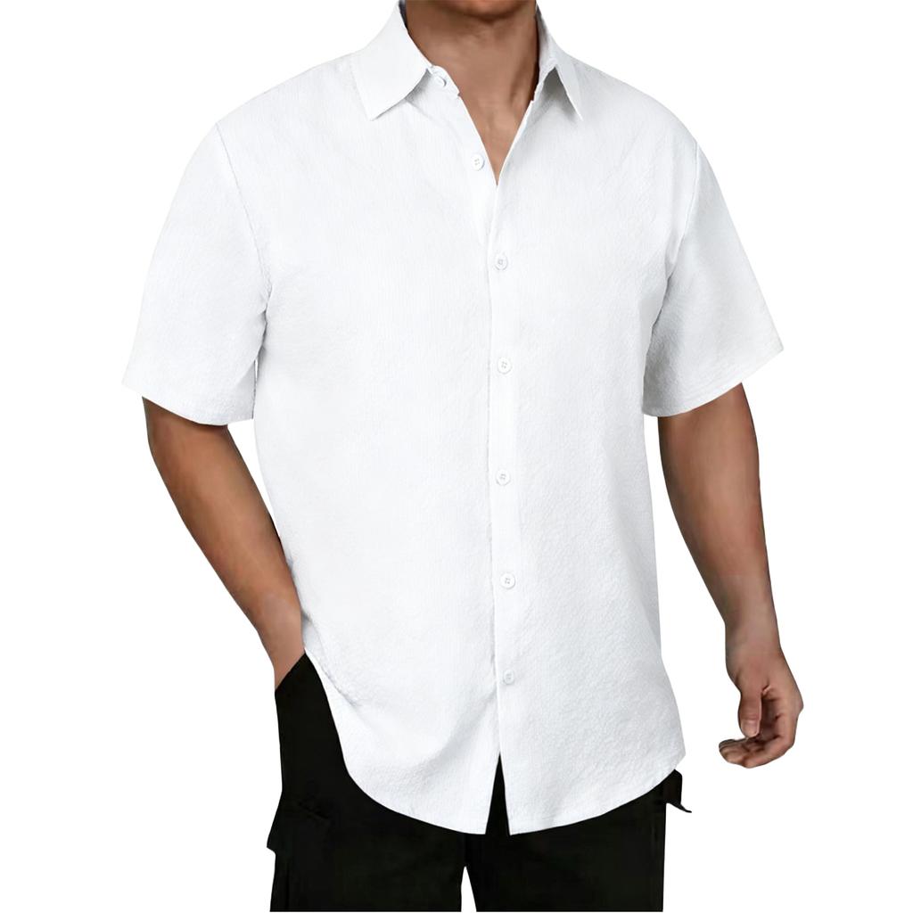 Men's Solid Color Ice Silk Fabric Loose Fit Casual Short Sleeve Shirt with Turn Down Collar Button Front Design