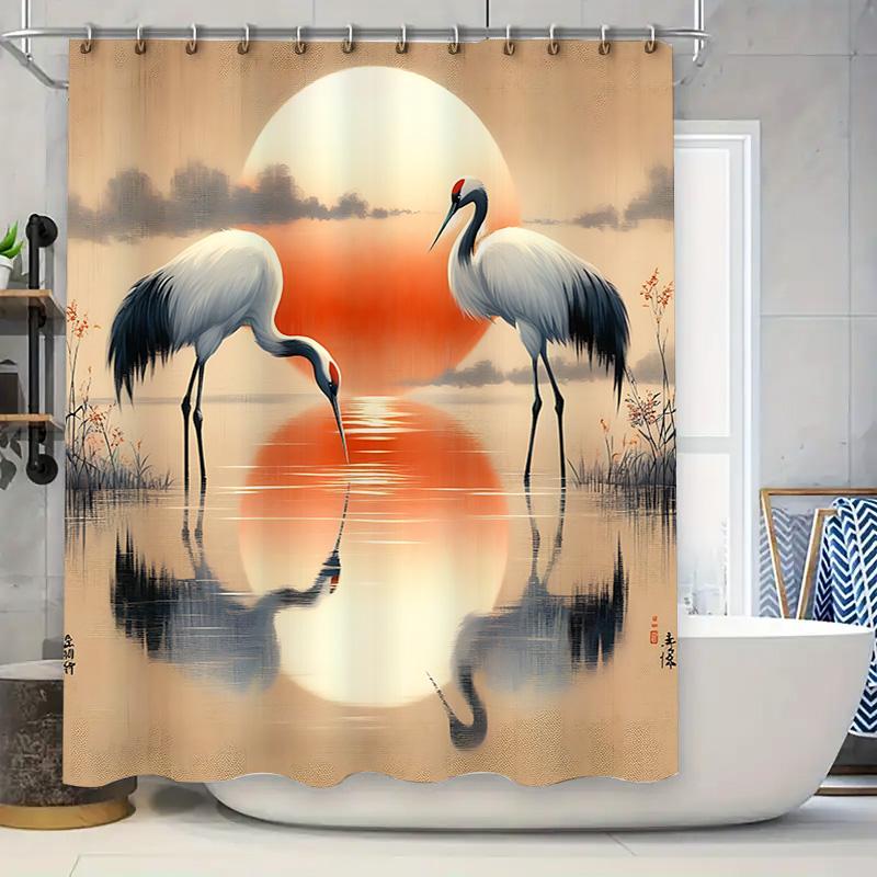 Dunika Chen Red/Orange Elegant Japanese Crane Shower Curtain Crowned Sunset Bath Decor Chinese Ancient Style Design Waterproof Durable