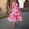 Women Autumn Winter Long Sleeve Print V-neck Casual A-Line Knee Length High Waist Dress