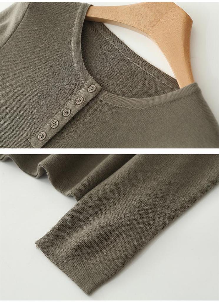 Women's Elegant Fine Wool Half-Button Round Neck Knit Sweater - Versatile, Close-Fitting Base Layer