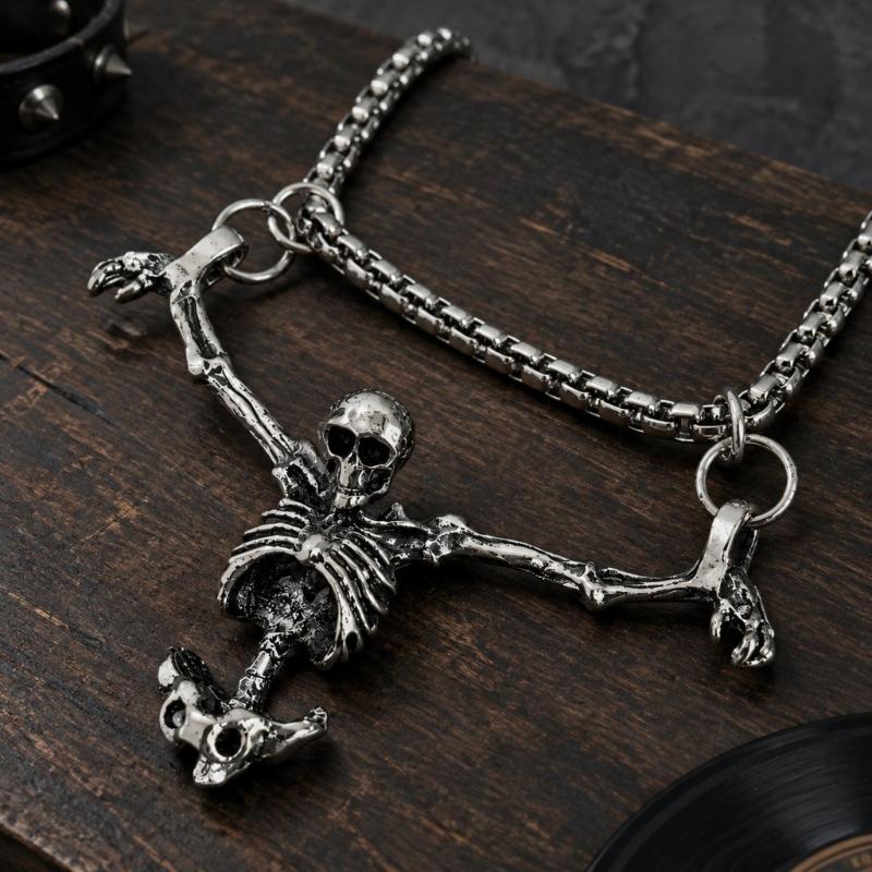 Skeleton Pendant Necklace with Three-Dimensional Full-Body Design, Prominent Skull, and Silver-Tone Distressed Finish for Streetwear Looks
