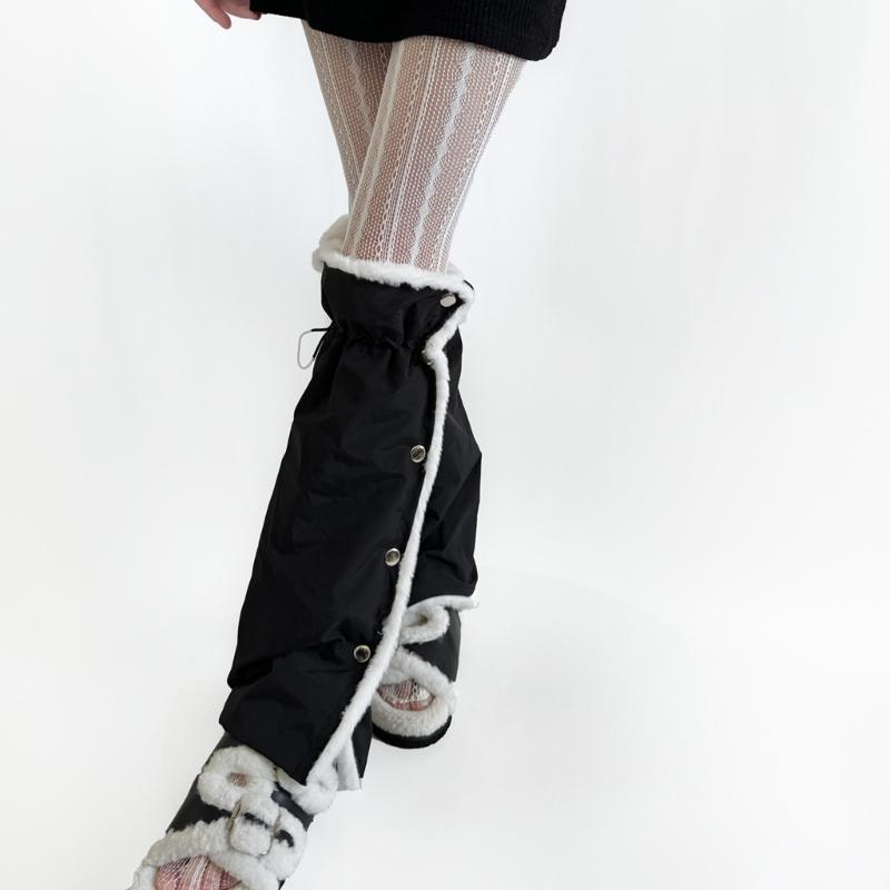 Women's Slouchy Leg Warmers with Side Split Buttons Solid Color Fleece Lined Drawstring Leg Covers Footless Long Socks