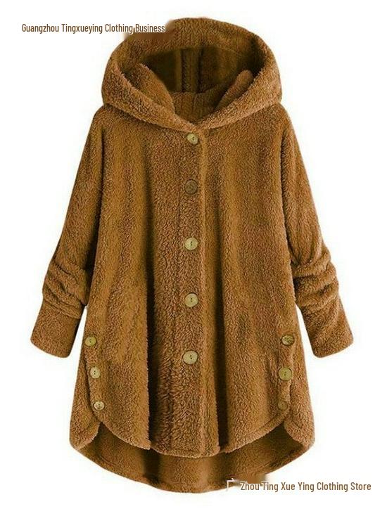 Spring 2026 Women's European-American Plush Button Top, Irregular Solid Color Coat