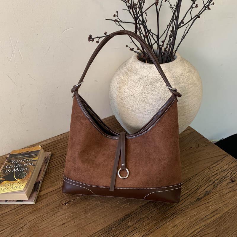 

2025 Ретро Сумка-тоут из замши с цветными блоками: Женская универсальная сумка на плечо и подмышку 32*9*18 cm кофейный