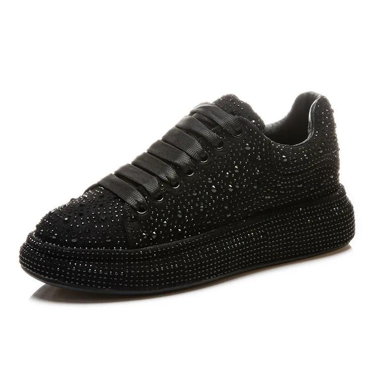 Fashion 5cm New Rhinestone Genuine Leather Platform Wedge Casual Fashion Chunky Sneakers Spring Autumn Femals Ladies Lace Up Shoes