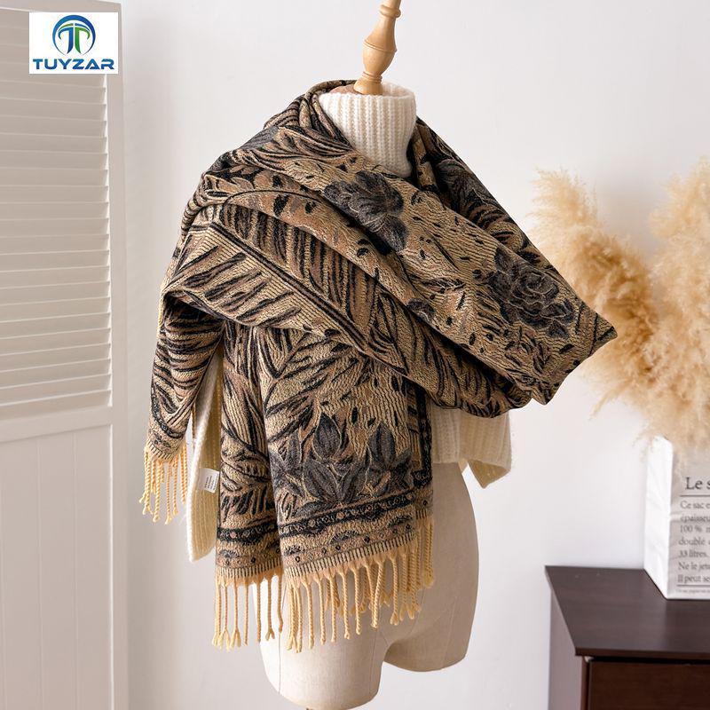 Women's Ethnic Style Double-Sided Jacquard Scarf, 2025 Autumn/Winter Collection: Thick, Warm, Soft Imitation Cashmere Long Snood Shawl.