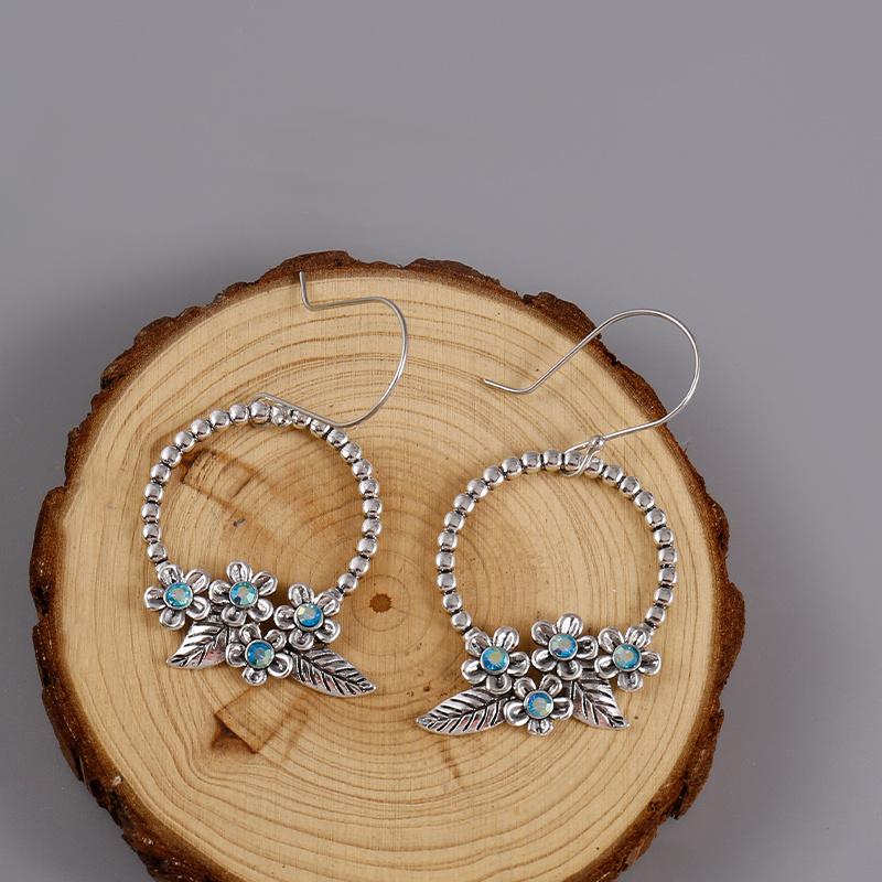 Hollow Circle Design With Flower Decor Synthetic Gems Inlaid Dangle Earrings Retro Bohemian Style Delicate Female Gift