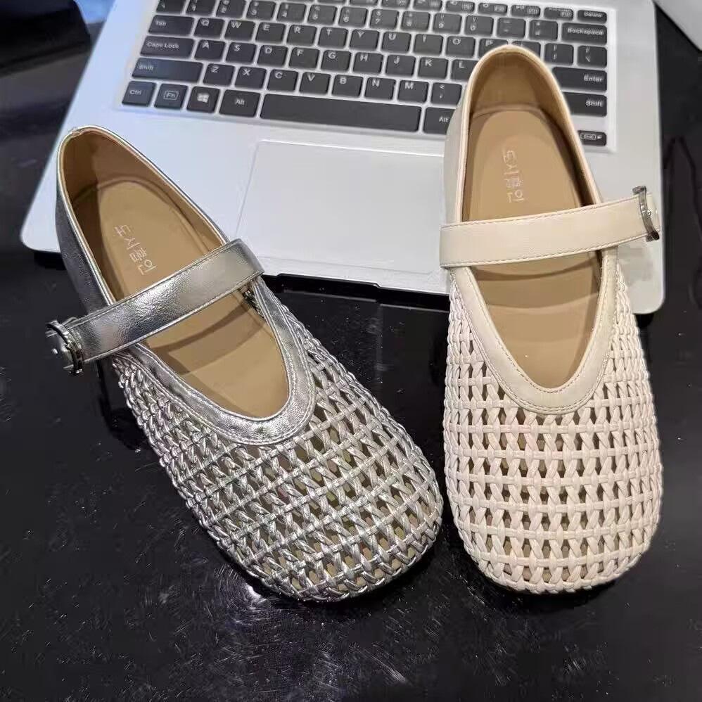 Hollow Fishing Net Crocheted One-word Strap Single Shoes Women's 2025 New Round Head Flat-soled Ballet Shoes Woven Mary Jane