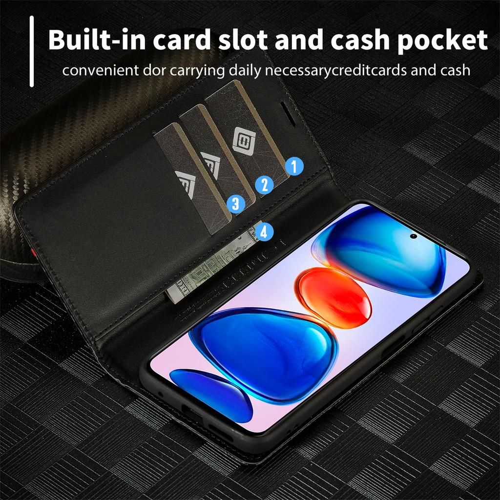 LC.IMEEKE For Xiaomi Redmi Note 12 Pro 4G/Note 11 Pro 4G (Mediatek)/5G (Qualcomm) Carbon Fiber Texture Stand Cover PU Leather Wallet Phone Case