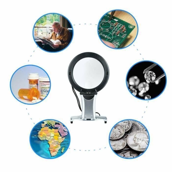 Loupe LED avec l'élargissement de l'objet 6x, loupe de lecture, avec lampe 2LED lampe loupe géante lecture mains libres