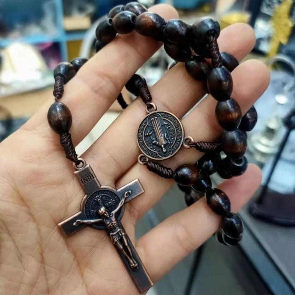 Wood Wood Beads Necklace Car Hanging Ornament Crucifix Pendant Chain Handmade Rosary Necklace  Men