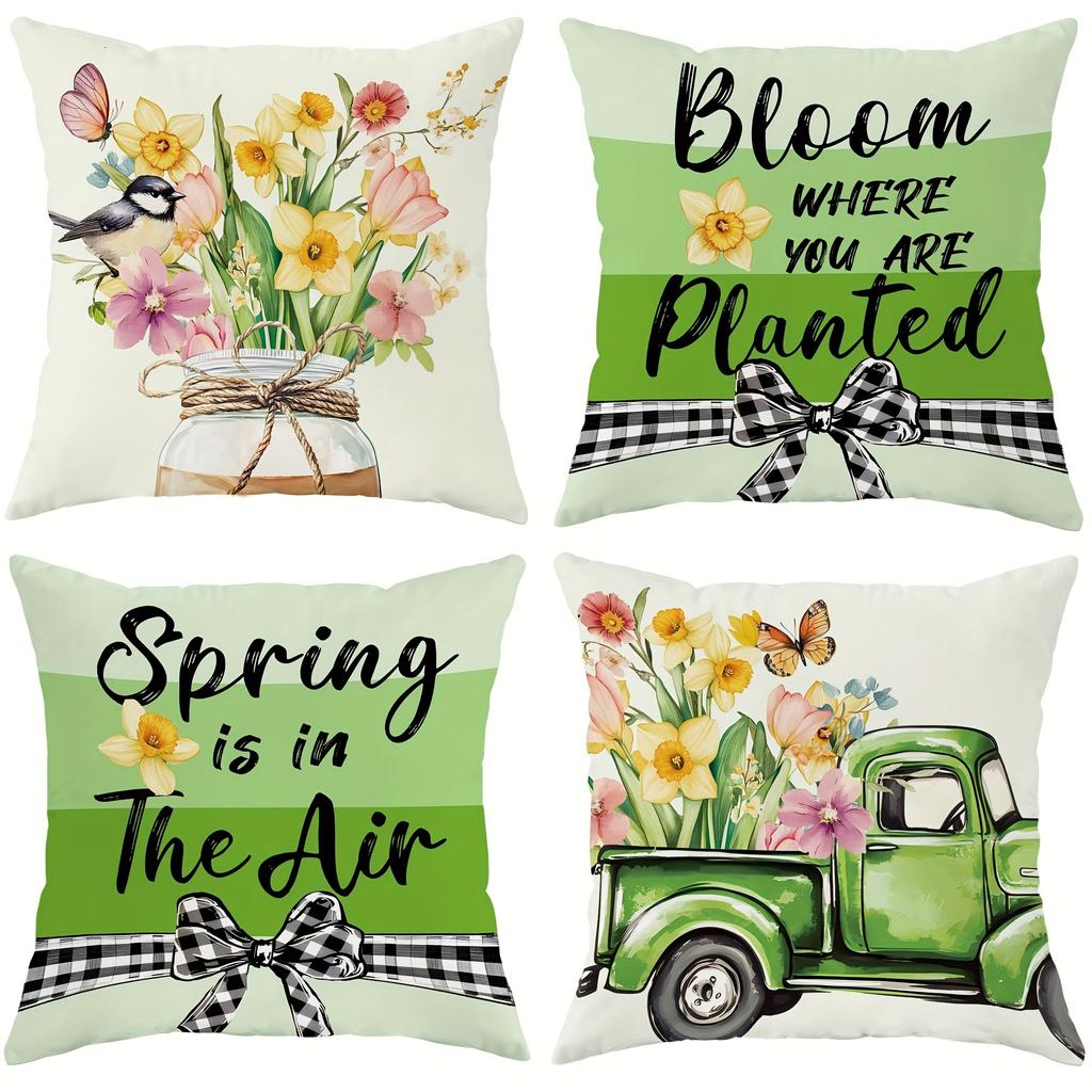 Charming Spring-inspired Pillow Cover: Floral Arrangements, Vintage Truck, and Uplifting Quotes, sofa Chair cushion cover