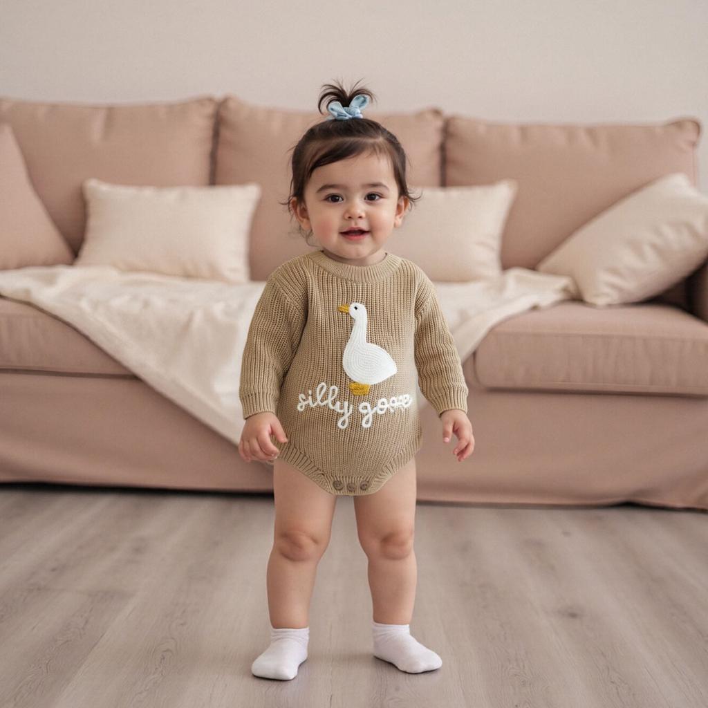 Infant Baby Knitted Rompers Cute Long Sleeve Round Neck White Goose Letter Embroidery Jumpsuit
