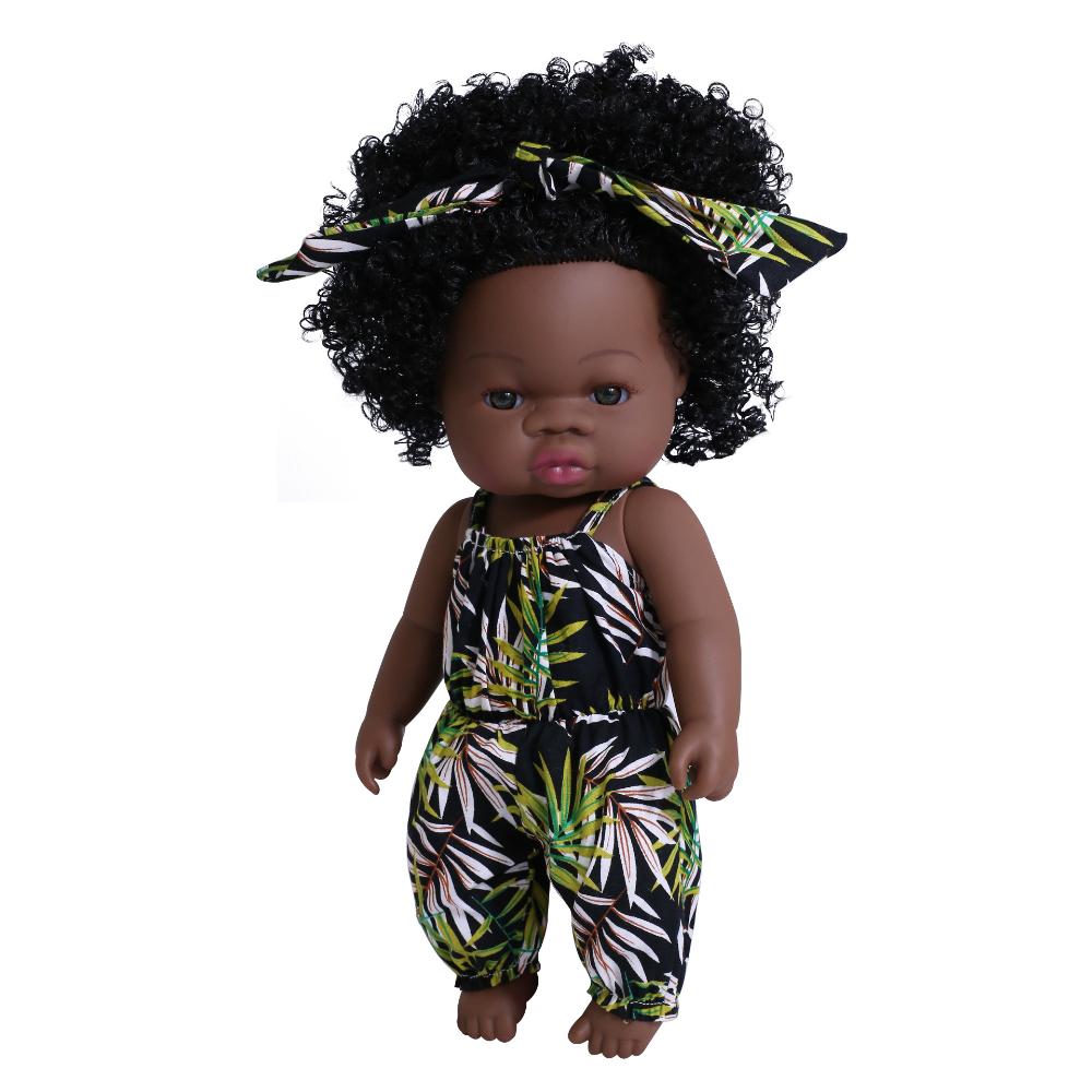 33cm Full Silicone Body Reborn Baby Doll Toys Dark Black Brown Skin Optional Rebirth Doll Lifelike Curly Hair Newborn Doll for Kids Birthday Xmas Gift