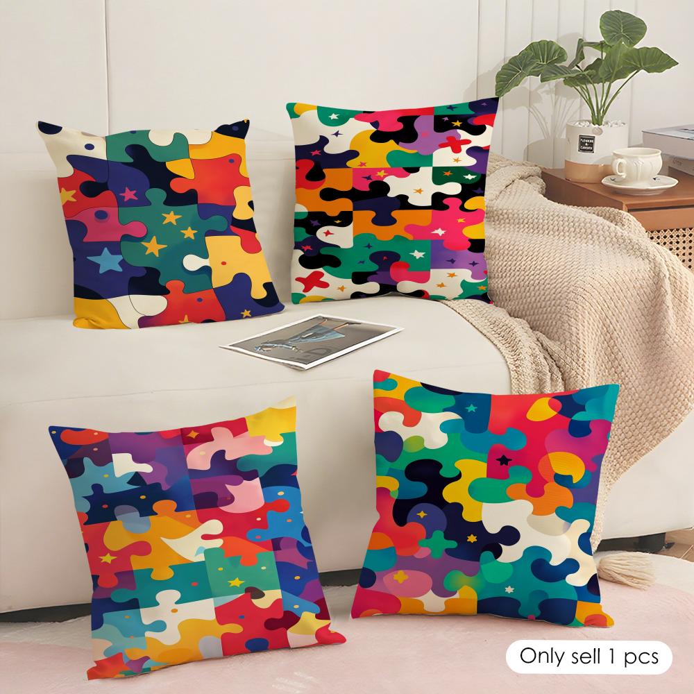 Federa Cuscino con Fantasie Puzzle Morbida in Peluche Corto Copricuscino Liscio Accogliente Estetica Custodia Cuscino Arredo Casa