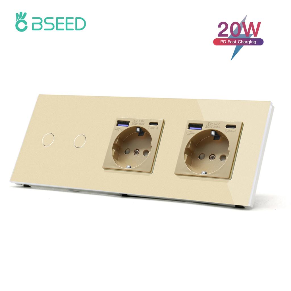 BSEED Touch Switch 1/2/3Gang With Double EU Sockets Fast Charge 20W Power Delivery USB Type-c Wall Socket Blue Backlight