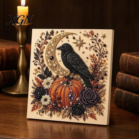 Handgemachtes Geschenk für Bastelfreunde 2 Stück Halloween Kunst mit Kunstperlen, Geisterkürbis Hexe Krähe Malerei DIY Funkelndes Perlen-Set Kit, 3D Totenkopf