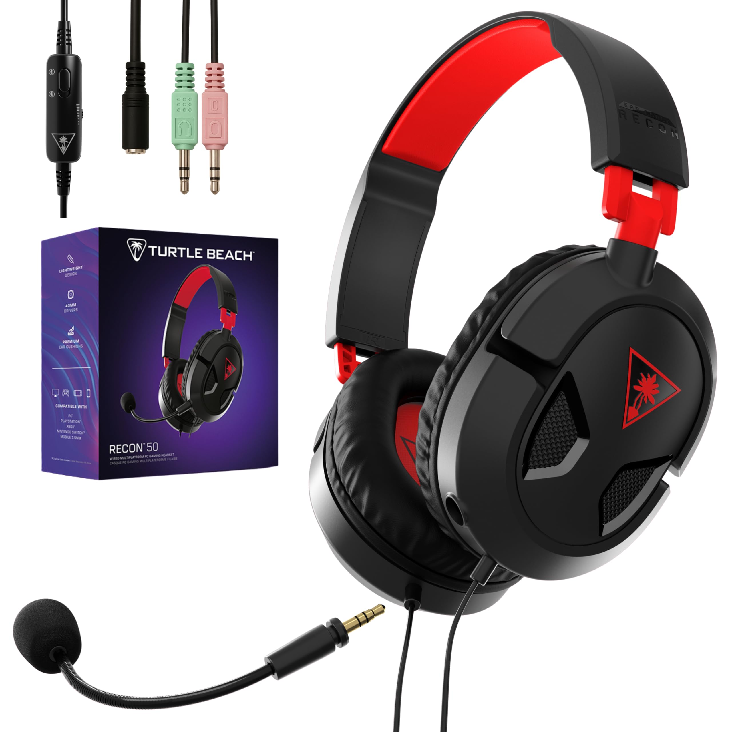 

TURTLE BEACH Recon 50 PC Gaming Wired Headphones with Splitter Compatible with Handheld Game and Detachable Mic Headset, Red, Ultra-Lightweight