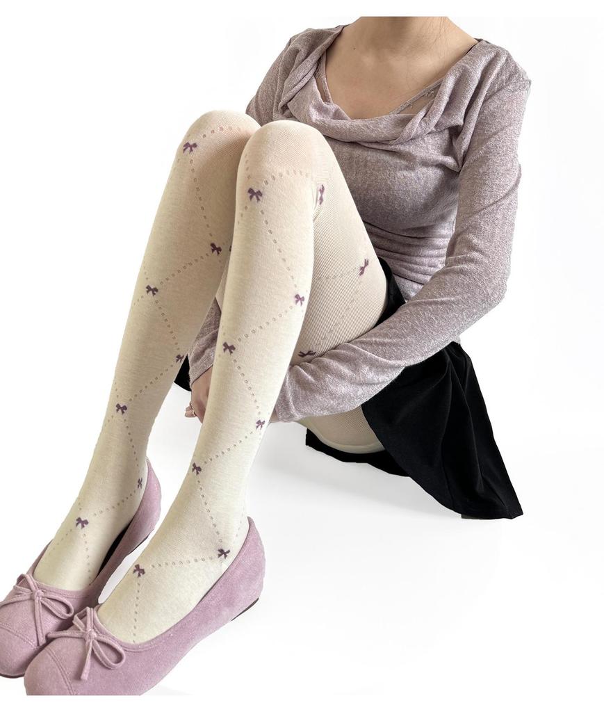 Grey Diamond Bow Embroidery Slimming Tights for Women