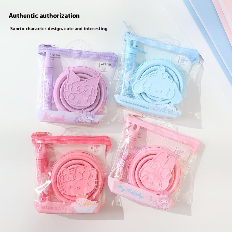 Sanrio Hello Kitty Kuromi Melody Folding Cup Wash Set Travel Storage Portable Cleaning Toothbrush 2-In-1 Toiletries