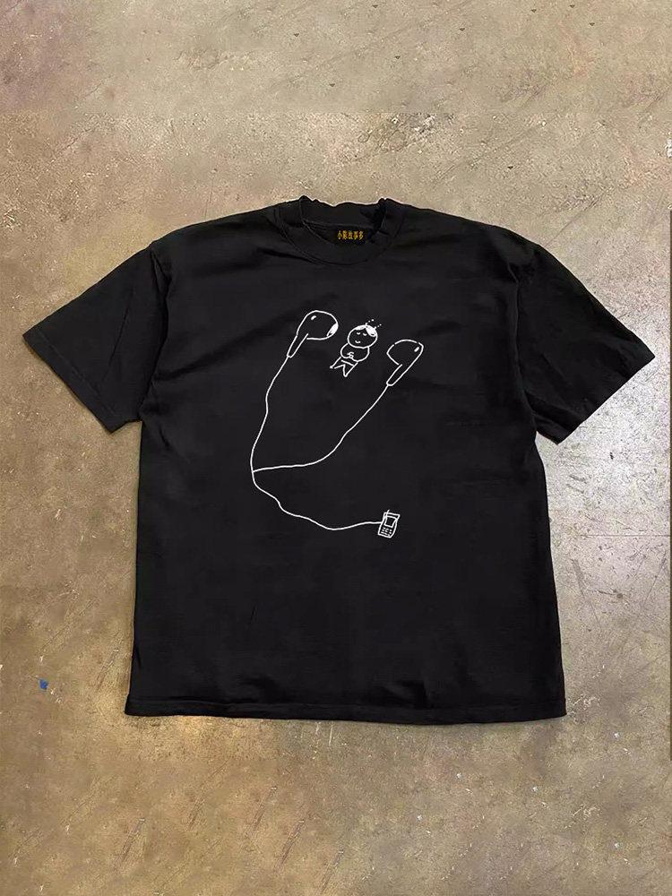 Personalized And Fun Earphone Lines Pure Cotton Printed Tshirt 2026 New Unisexs And Unisexs Loose Fashion Trendy Tshirt