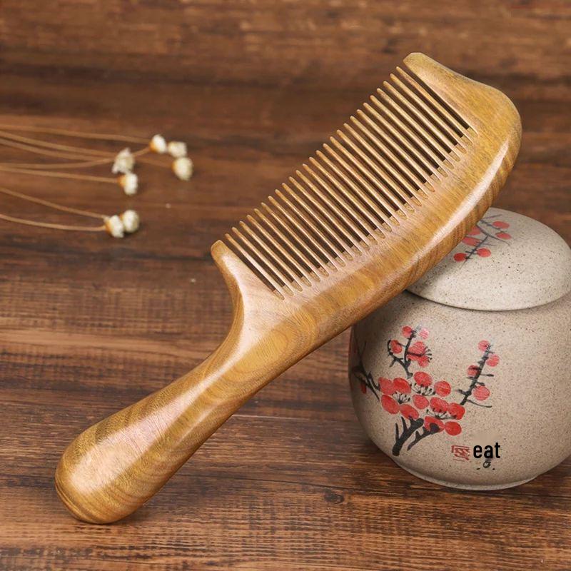 Green Sandalwood Long Handle Comb for Straight & Curly Hair - Traditional Wooden Craft Gift