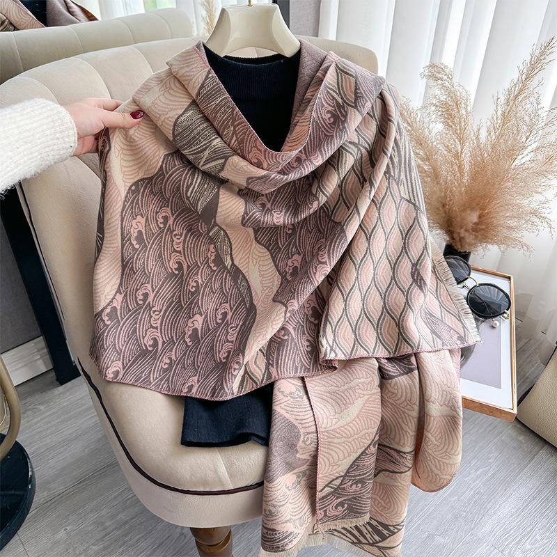 Imitation cashmere scarf, Guochao wave lines, high-end sense, double-sided landscape painting, warm shawl