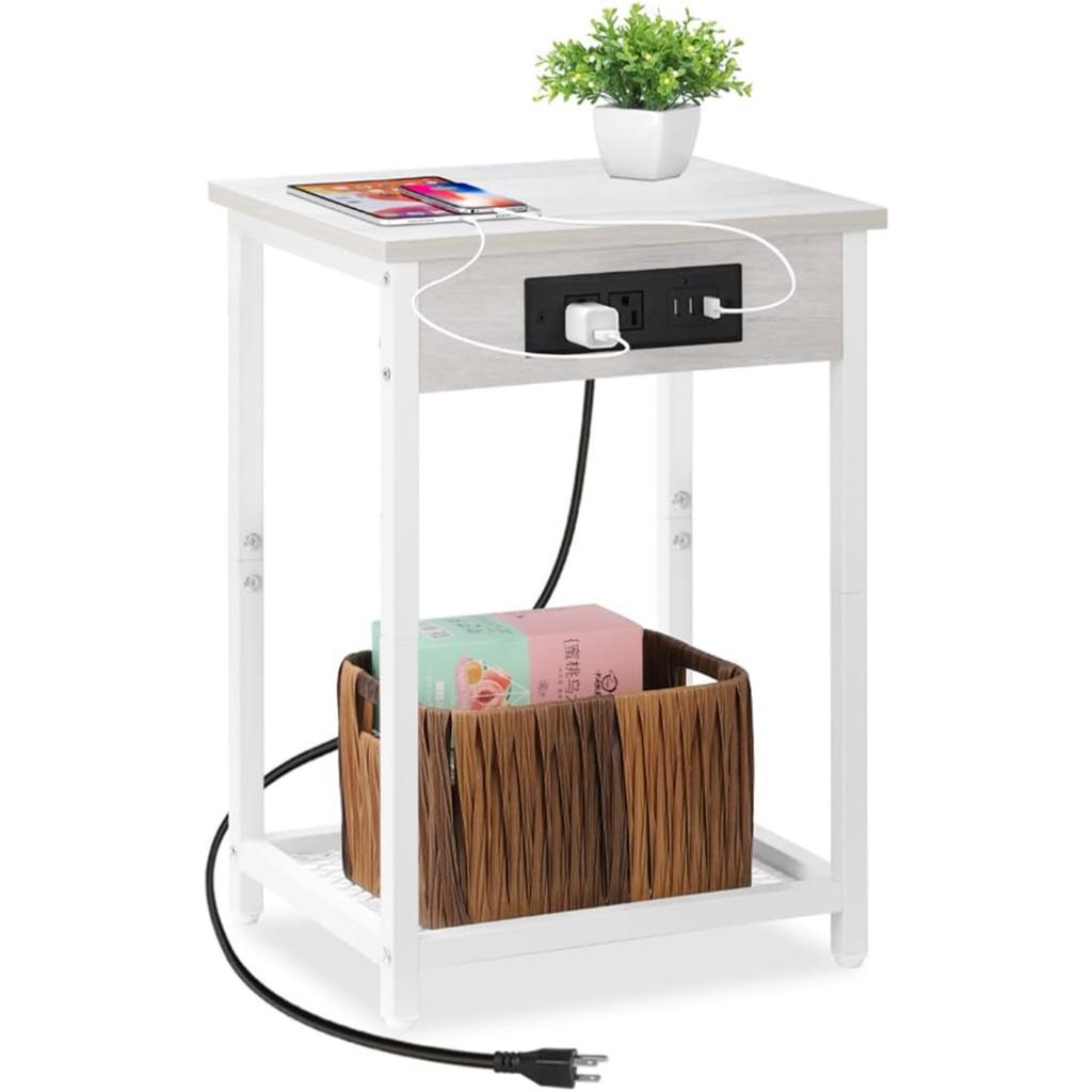 Narrow Nightstand W/ Charging Station - 2-Tier Light Maple White Bedside Table, USB Ports & Outlets + Storage Shelf