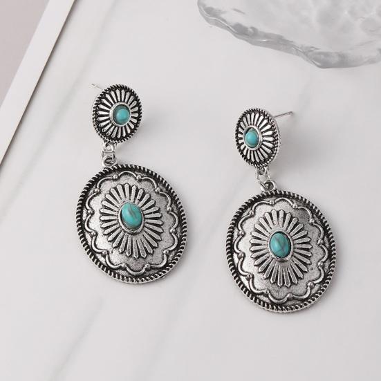 1 Pair Women Dangle Earrings Ethnic Round Shape Retro Bohemian Style Faux Turquoise Stainless Alloy