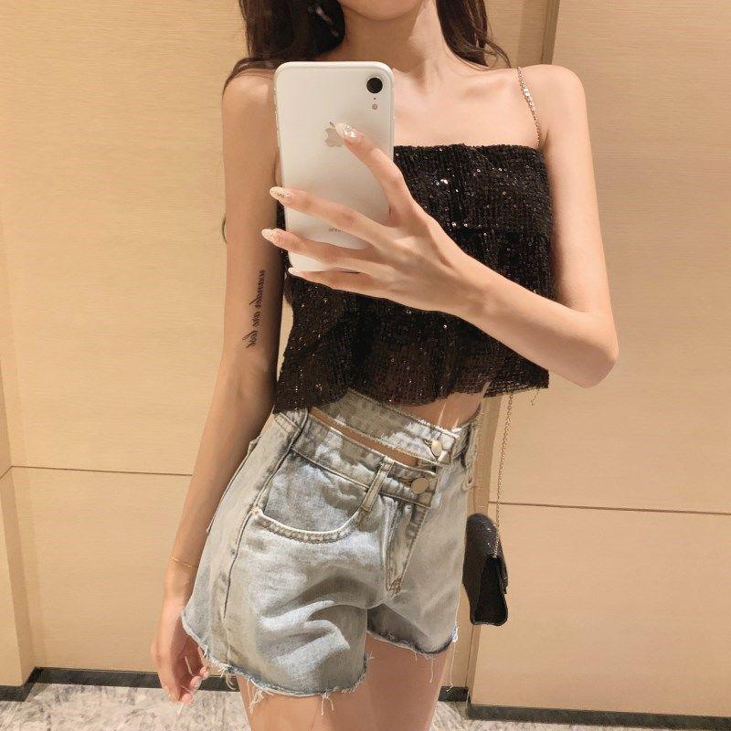 WTEMPO Irregular High Waist Denim Shorts Women Loose Thin Summer Fashion Star with The Same Wide-leg Pants