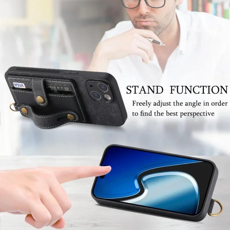 Wrist Strap PU Leather Stand Phone Case for IPhone 13 12 Mini 16 15 14 11 Pro Max XS X XR 8 7 Plus Wallet with Card Holder Cover