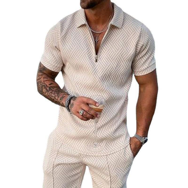 

Мужская футболка-поло на молнии с V-образным вырезом и короткими рукавами, топы + шорты, спортивный костюм, спортивный костюм XL бежевый