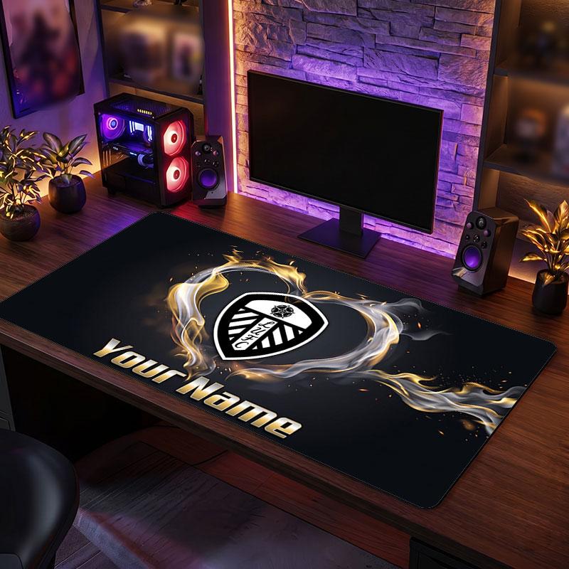Leeds United Custom Large Mouse Pad, Personalized Name Text Print, Football Logo Non‑Slip Desk Mat Gaming Gift