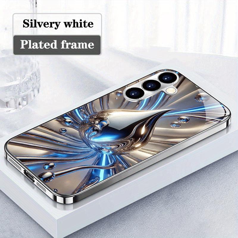 Blue Silver Fluid Water Drop Pattern Glass Phone Case Suitable for Samsung Galaxy S26 S25 S24 S22 S21 S20FE/Ultra/Plus Anti Drop