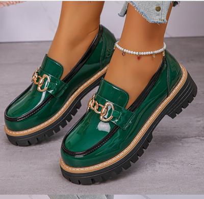 Fashion Metal Buckle Ladies Slip-On Thick Sole Shoes Comfortable Spring Patent Leather Round Toe Flat Casual Loafers Crawling