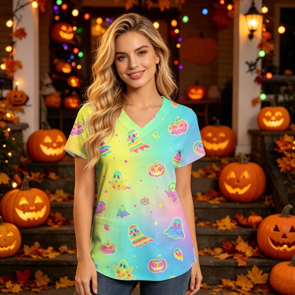 Women's V Neck Short Sleeve Work Top with Pockets Halloween Print Nurse Medical Uniform Scrub Shirt for Healthcare Professionals