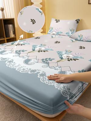 1 Simple Modern Plant Flower Printed Matte Fitted Sheet, Bedroom Printed Bed Cover, Bedding (excluding Pillowcases)