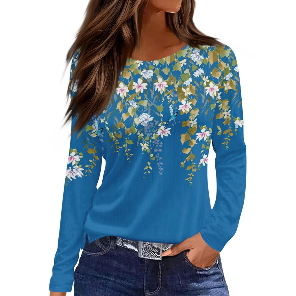 Dames casual T-shirt met split aan de zoom, ronde hals, lange mouwen en losse print.