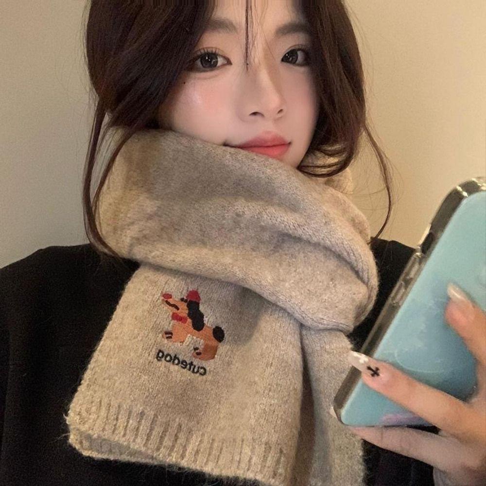 Thicken Knitted Scarf Plush Winter Wool Scarves Elegant Dog Embroidered Shawl  Student