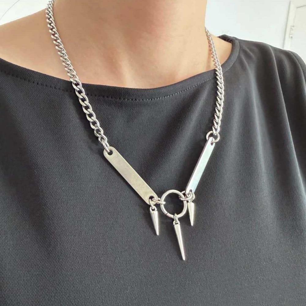 Gothic Punk Cone Spike Cuban Chain Necklace V-shaped Metal Pendant for Men Women Alternative Streetwear Aesthetic Jewelry Gifts