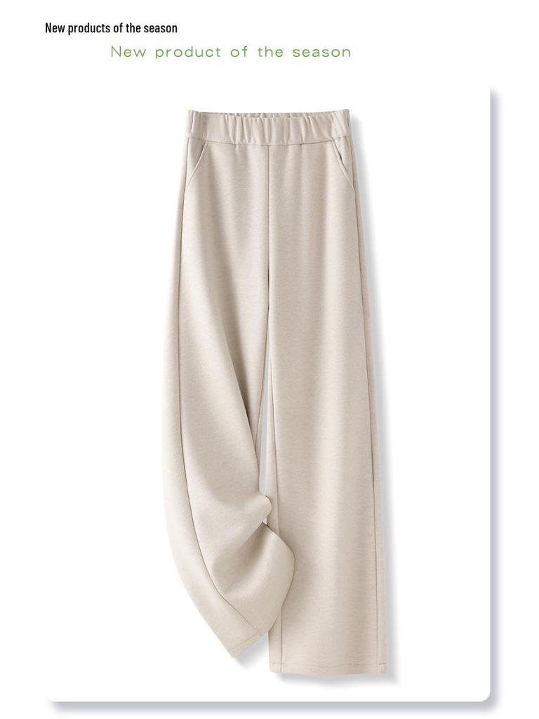 2024 Women's Gray Wool Wide-Leg Pants: Soft, Fleece-Lined, Thickened for Autumn/Winter