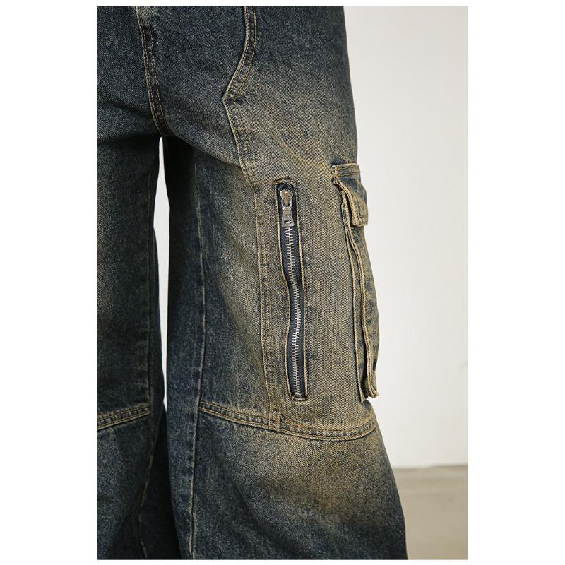 Long Trousers Versatile Washed Multi-pocket Design Sense of Work Jeans Men Senior Sense Pants