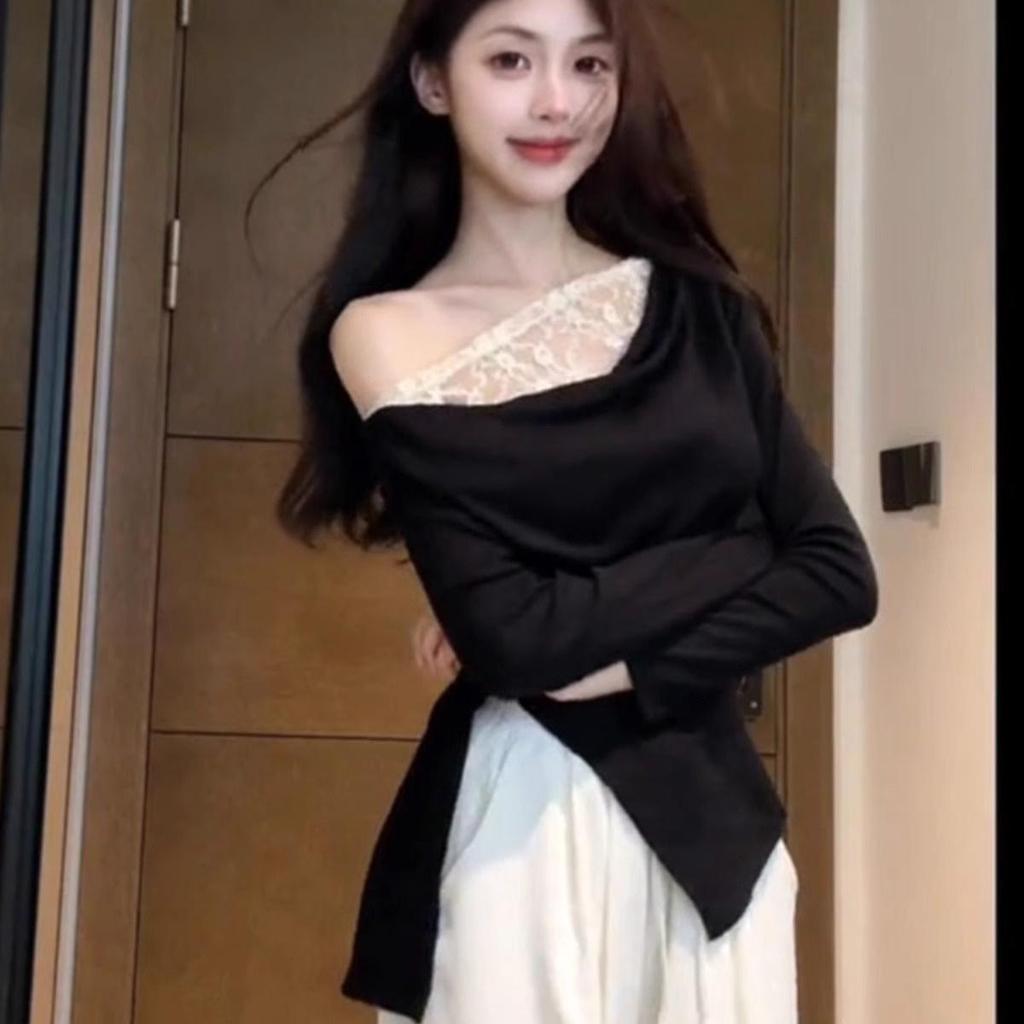 2024 Autumn Off-Shoulder Lace Patchwork Slimming Long-Sleeve Top