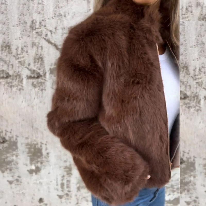 Damen Herbst Winter Vintage Warm Kunstpelz Leichte Dünne Jacke Locker Stehkragen Langarm Mantel Lässige Reißverschluss Oberbekleidung