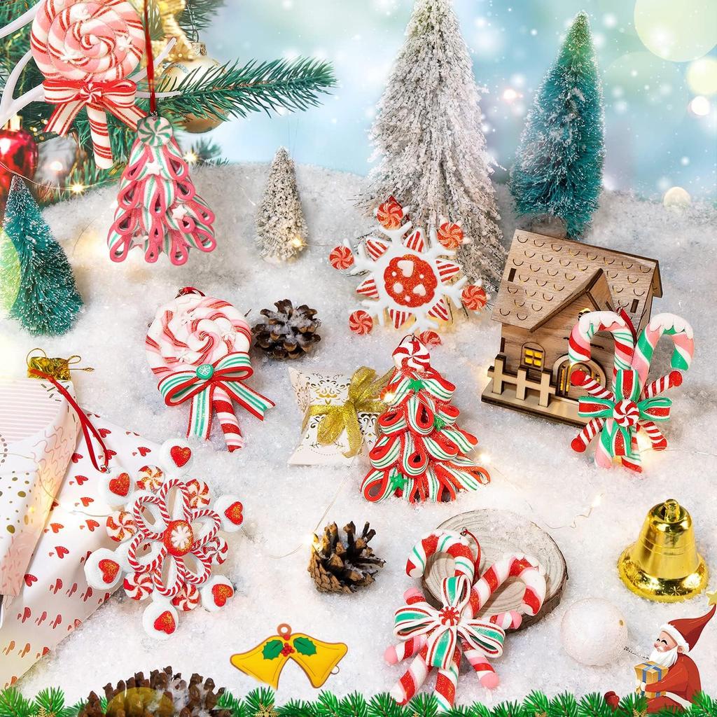 8 Pieces Peppermint Lollipop Candy Christmas Tree Ornaments Set,Polymer Clay Candy Lollipop Hanging Ornaments with Lollipop,Snowflake, Candy Cane for