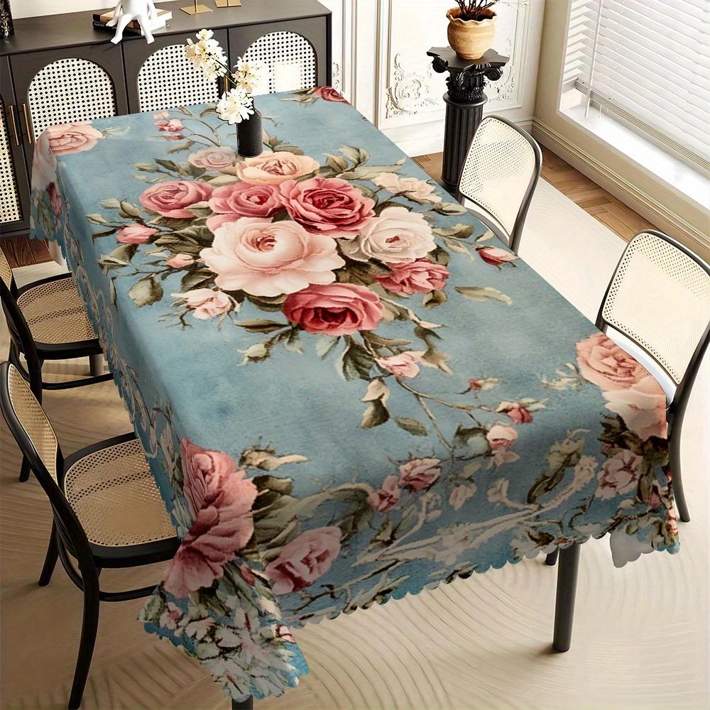 Shabby Chic Rozenbloemen Tafelkleed, Vintage Blauwe Achtergrond, Schone Golvende Rand, Vuilafstotend, voor Keuken, Feest & Romantisch 100x160cm