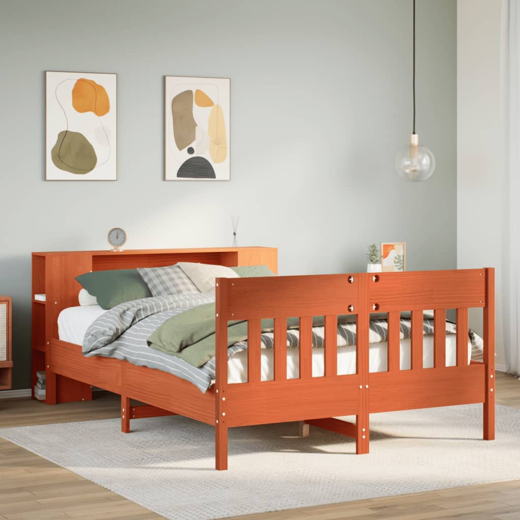 Solid Wood Bed with Shelf Without Mattress Wax Brown 150 x 200 cm