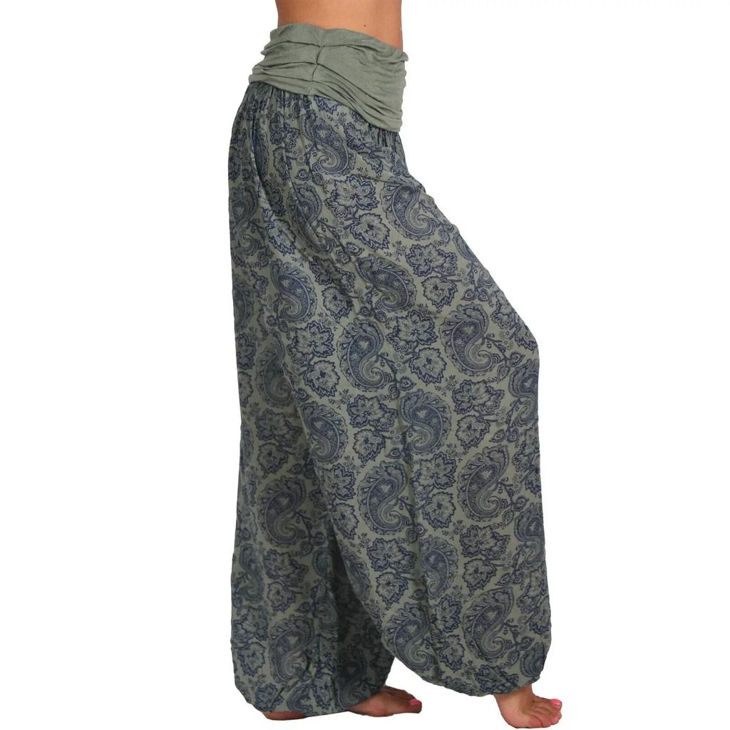 Damskie Bohemian Haremki Elastyczny Pas Szeroka Nogawka Długie Spodnie Vintage Wzór Spodnie Damskie Luźne Rybaczkowe Damskie Streetwear
